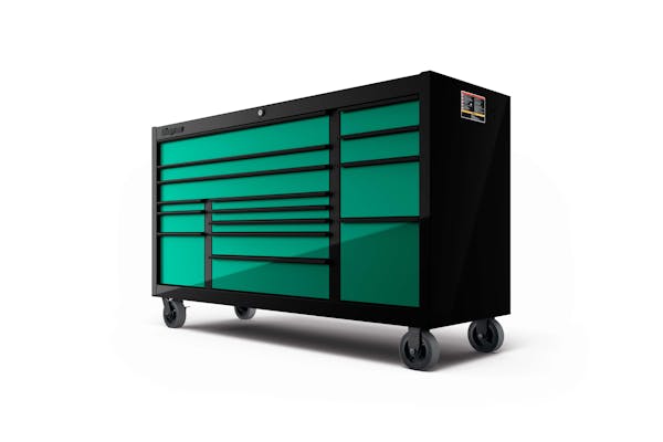 73 15-Drawer Triple-Bank Classic Series Three Extra Wide Drawer Roll Cab  with Power Drawer and SpeeDrawer (Teal with Black Trim), KCP1423ZEJ