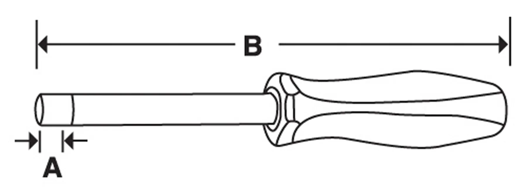 Illustration of a screwdriver with labeled dimensions: A (diameter) and B (length).