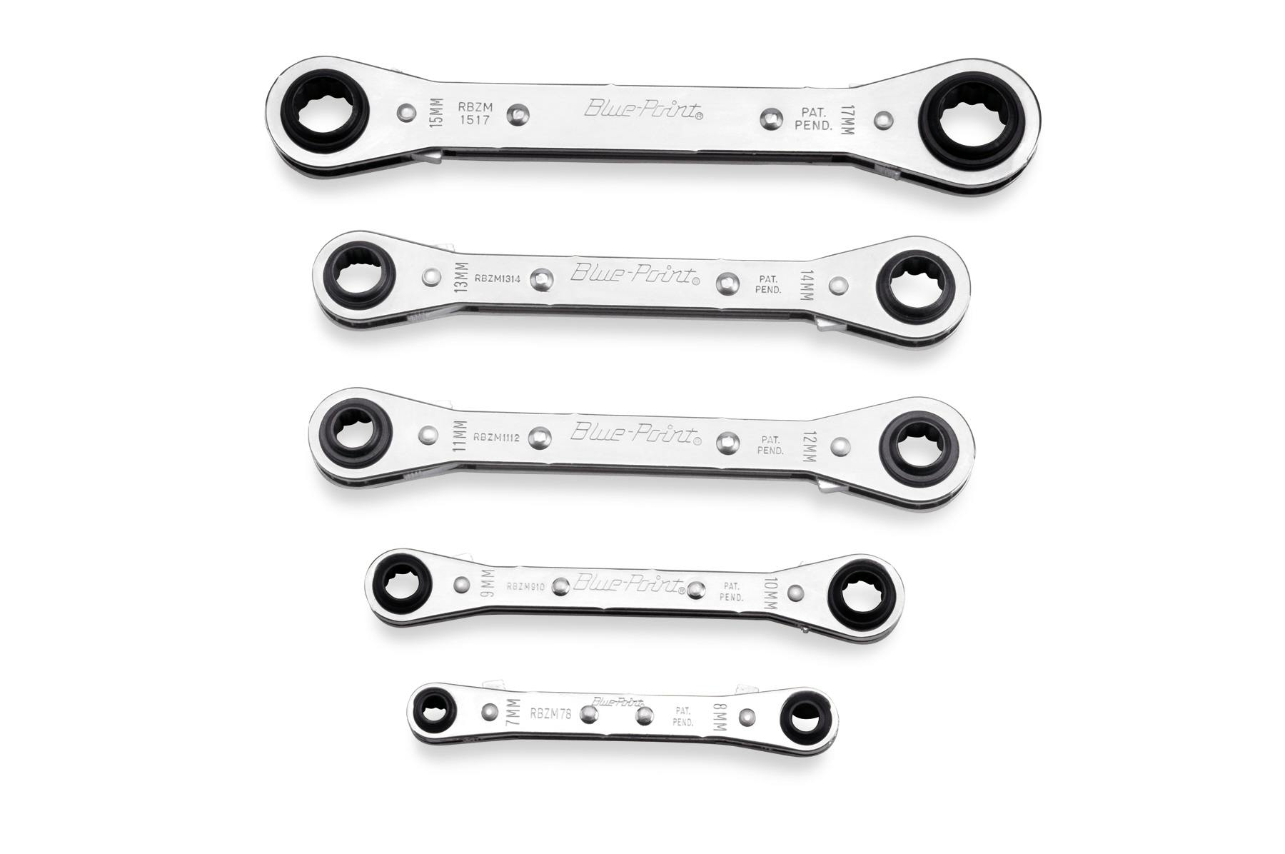 5 pc 12-Point Metric Latch-On® 0° Offset Ratcheting Box Wrench Set (7-17  mm) (Blue-Point®)